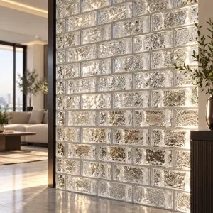 Shimmering glass brick partition showing the decorative glass block finish